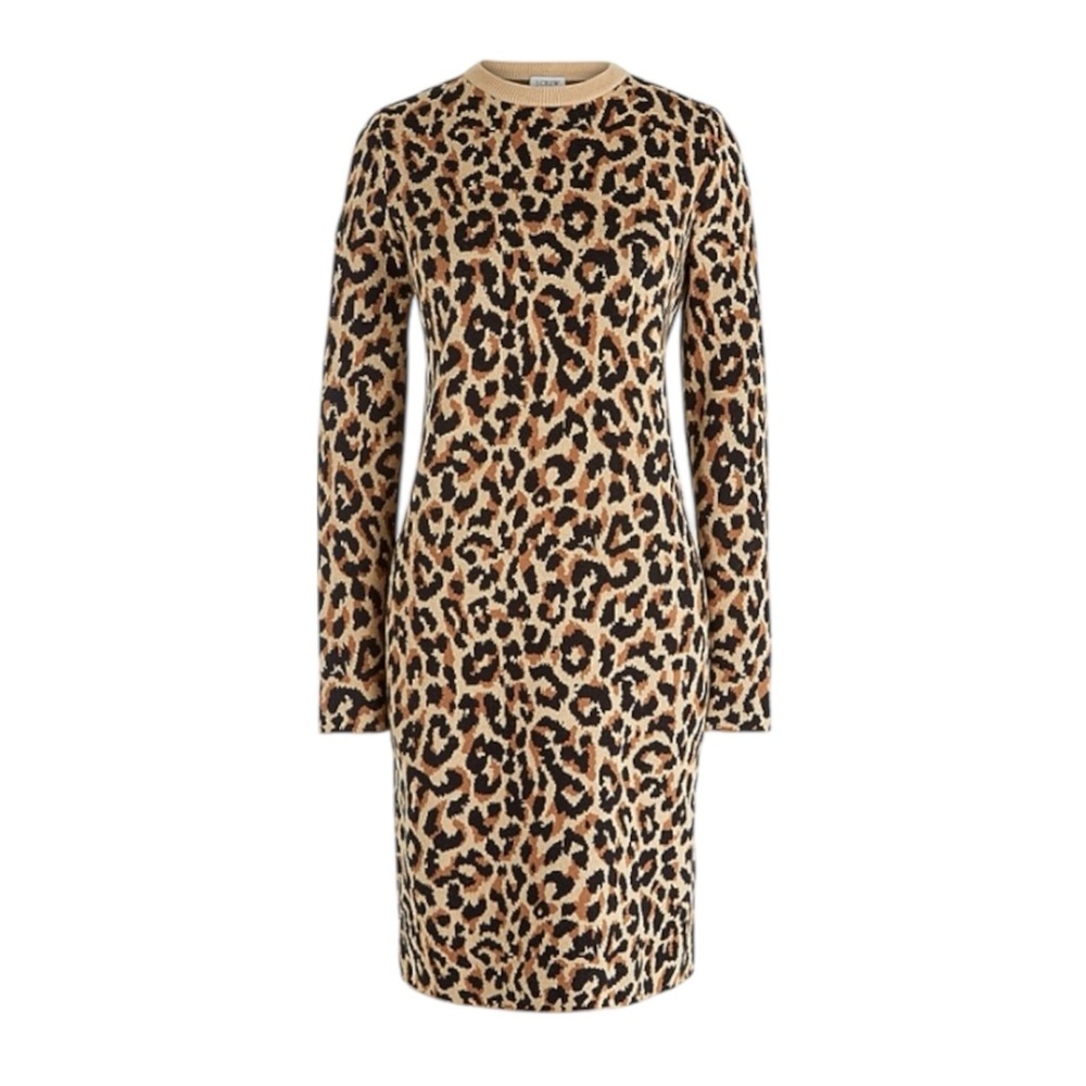 J. Crew Factory Leopard Print Knit Long Sleeve Sweater Dress Beechwood Leo Small